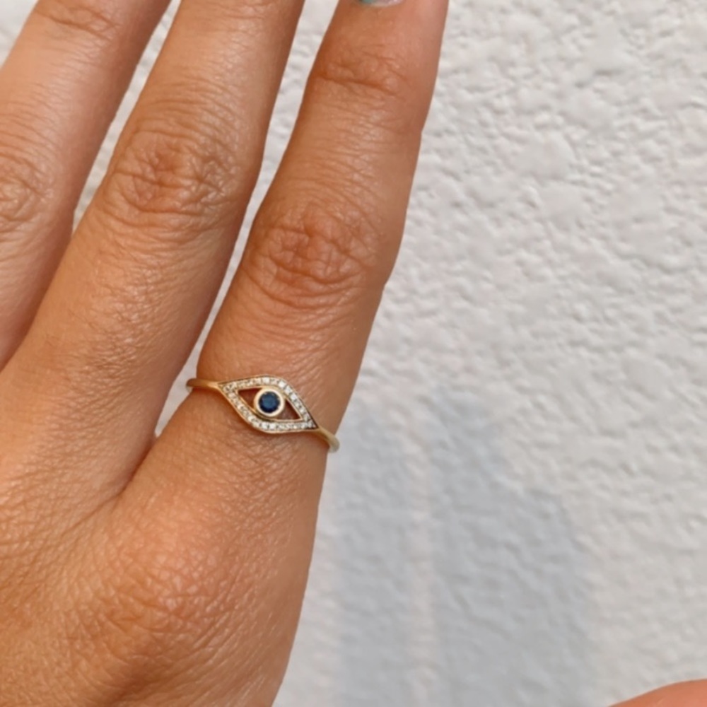 14k Yellow Gold Sapphire & Diamond Evil Eye Ring
